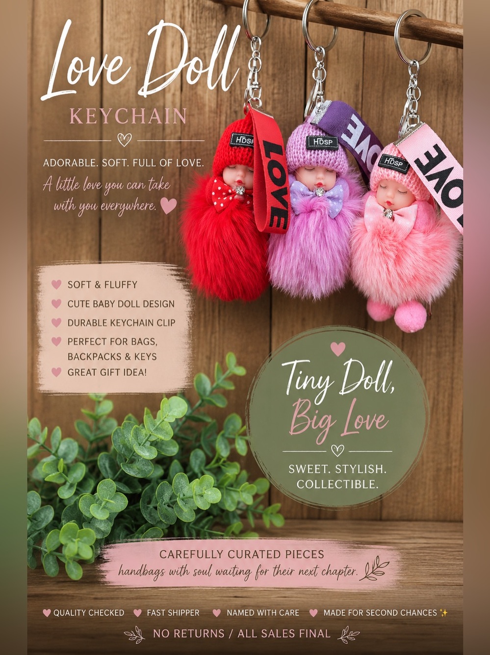 Love Doll Keychain - Barbie Pink, Lilac, Red Fluffy Baby Doll Keyrings, Love Tag
